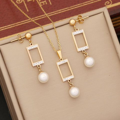 Aurevina Pearl Decor Necklace and Earrings Set - Rectangle Pendant