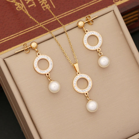 Aurevina Pearl Decor Necklace and Earrings Set - Round Pendant