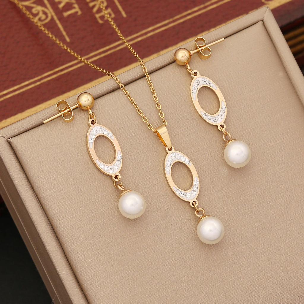 Aurevina Pearl Decor Necklace and Earrings Set - Oval Pendant